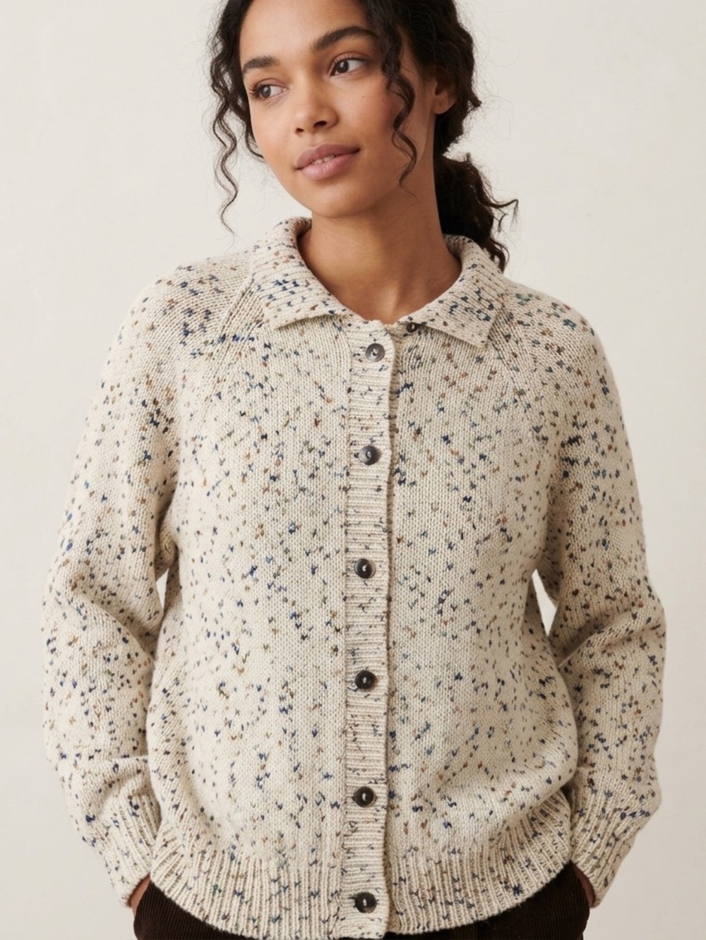 Misha and Puff Confetti Sweater Polo Cardigan Collared Cotton Cream Size Large